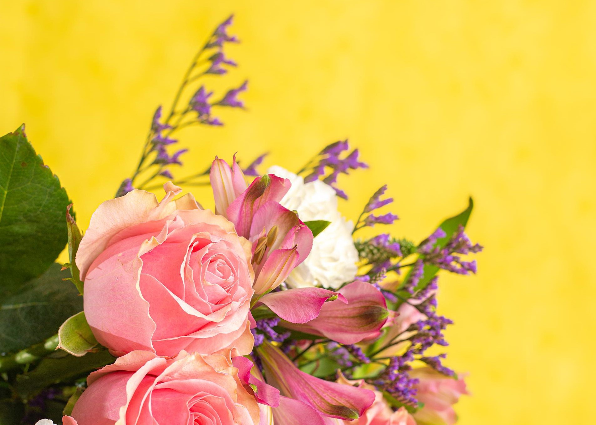 Pink roses with purple and green floral accents